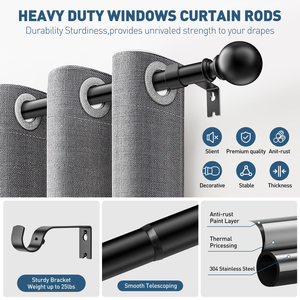 Single Curtain Rods for Windows 32 to 120 inch, Adjustable Window Curtain Rod, Window Curtain Rod with Ball Finials, 1 inch Diameter Decorative Curtain Rod Set, Modern Decorative Drapery Rods