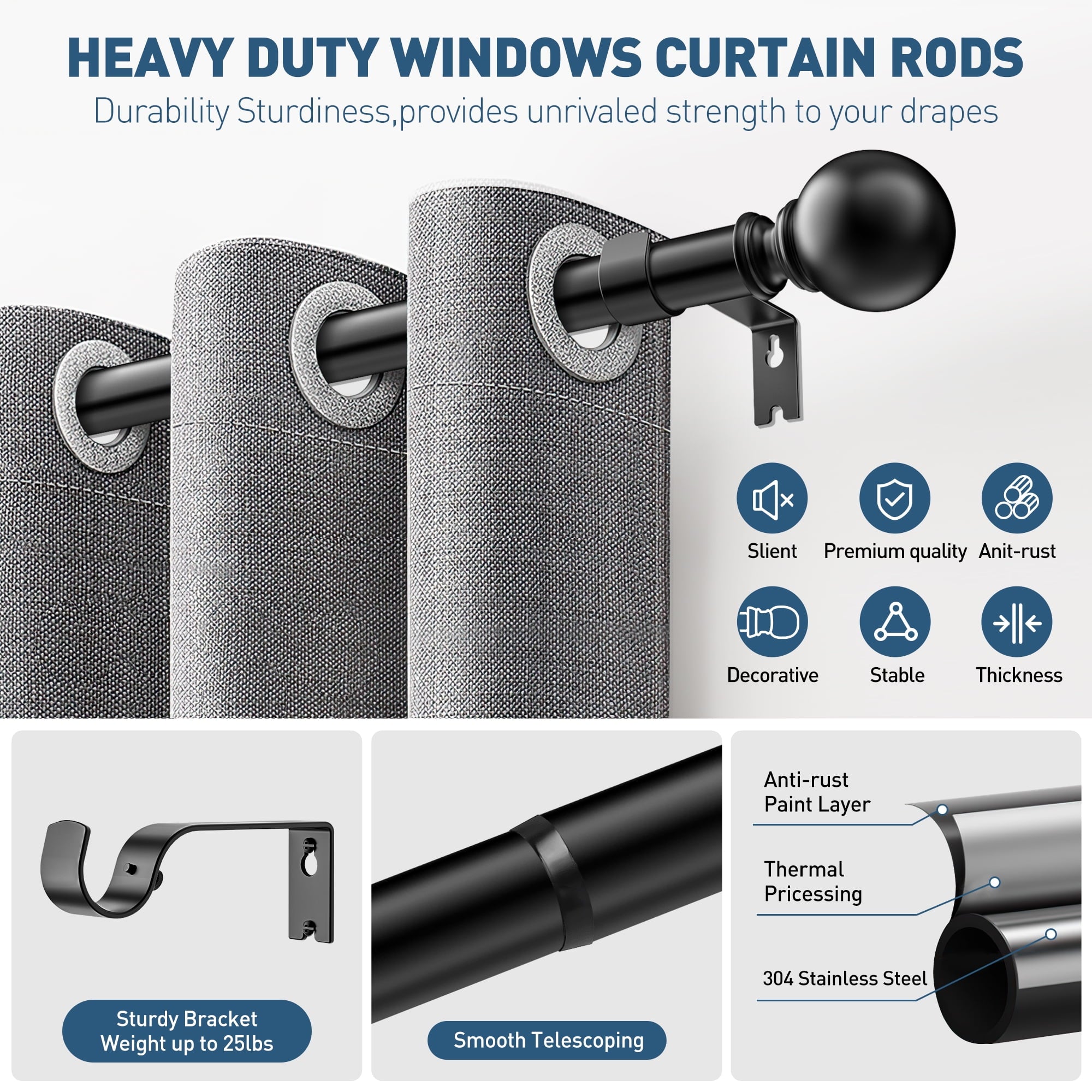 Single Curtain Rods for Windows 32 to 120 inch, Adjustable Window Curtain Rod, Window Curtain Rod with Ball Finials, 1 inch Diameter Decorative Curtain Rod Set, Modern Decorative Drapery Rods