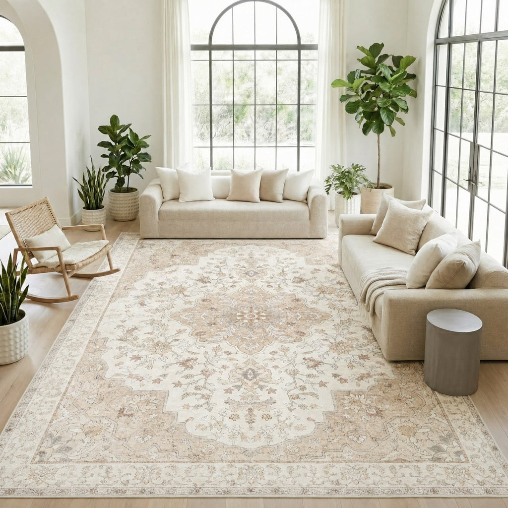 CHITOOMA 8'x10' Boho Area Rugs for Living Room, Machine Washable Floral Area Rug with Non-Slip Backing, Stain Resistant Non-Shed Carpet for Bedroom, Dining Room, Dorm, Office