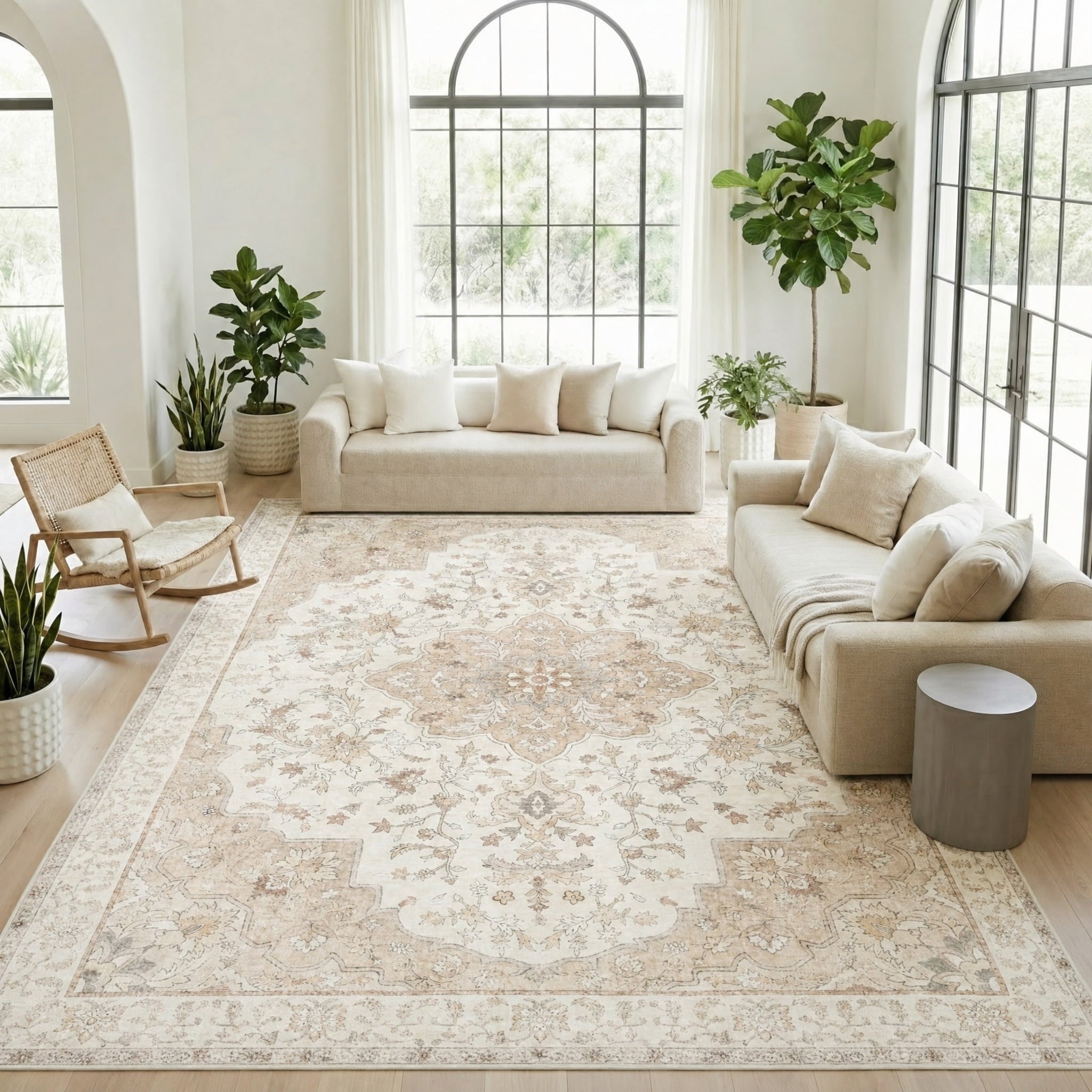 CHITOOMA 8'x10' Boho Area Rugs for Living Room, Machine Washable Floral Area Rug with Non-Slip Backing, Stain Resistant Non-Shed Carpet for Bedroom, Dining Room, Dorm, Office