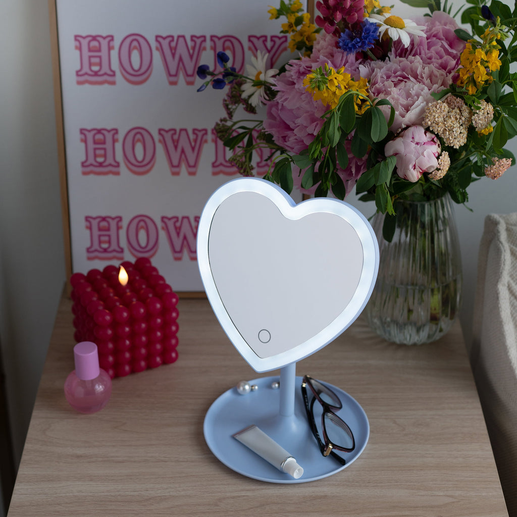Mainstays 11.26" Tall Light Blue Plastic Frame Tabletop Heart Shaped LED Lighted Mirror with Trinket Tray