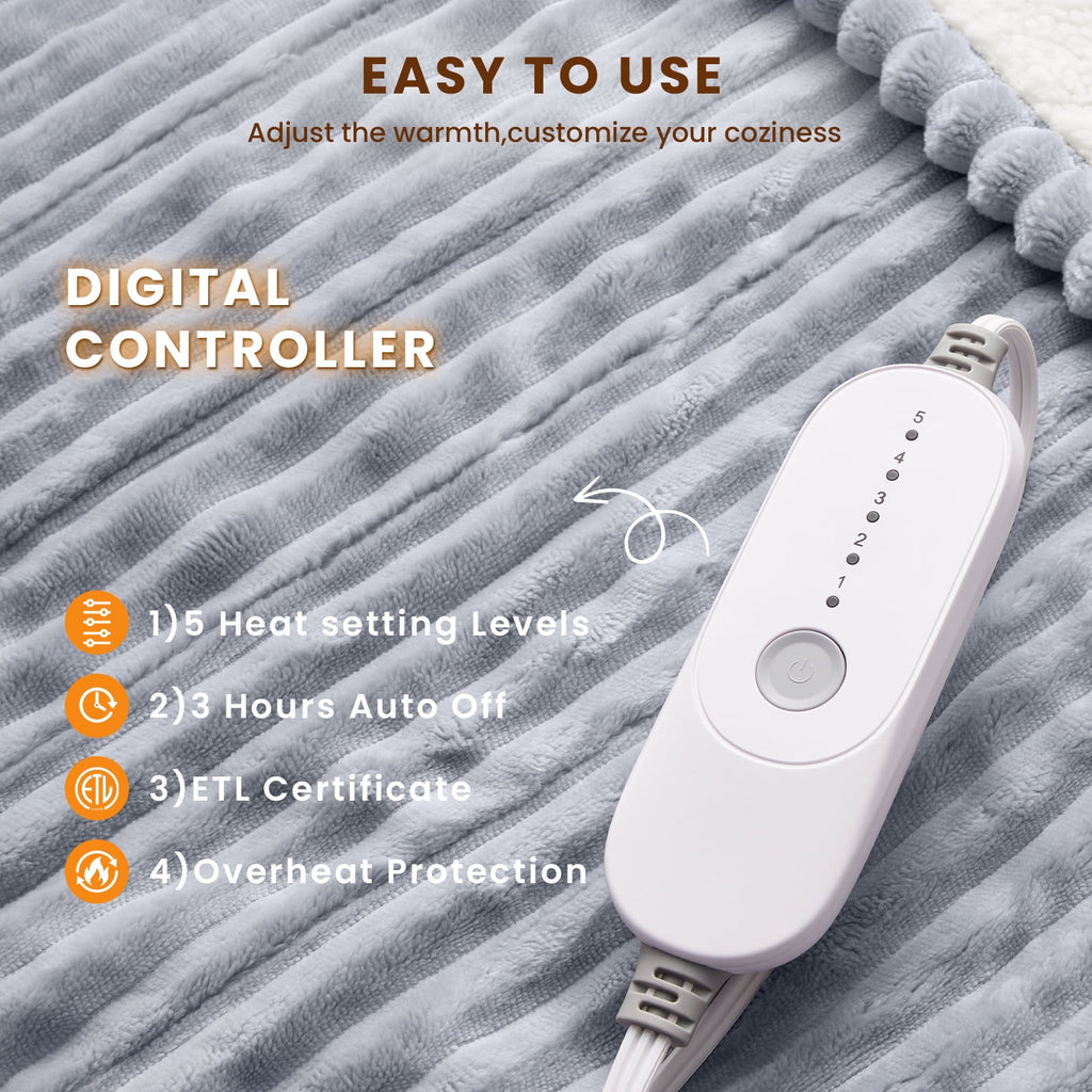 WISHEAD Electric Heated Blanket Throw Soft Flannel & Sherpa, 5 Heat Levels, 3 Hours Auto-Off Over-Heat Protection ETL Certification (50"x60", Light Gray)