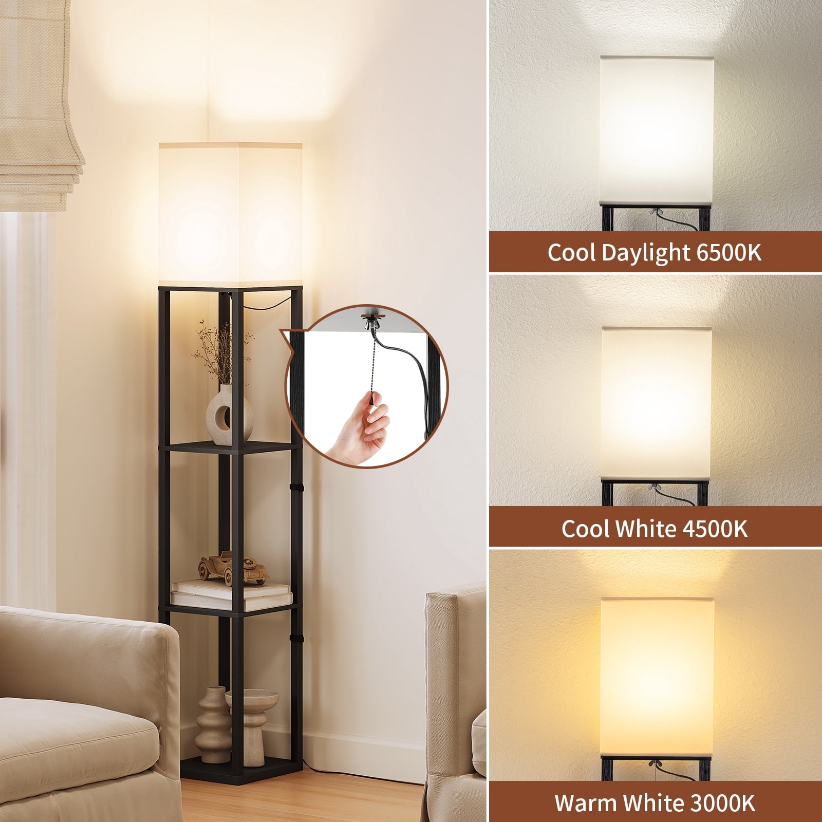 SUNMORY 63'' Floor Lamps with Shelves, Home Standing  Lamp, Include 1000 Lumens Lighting Bulbs, Shelf Floor Lamp, Black Floor Lamps for Living Room, Bedroom, Lamp with Storage Dustproof, UL Certified