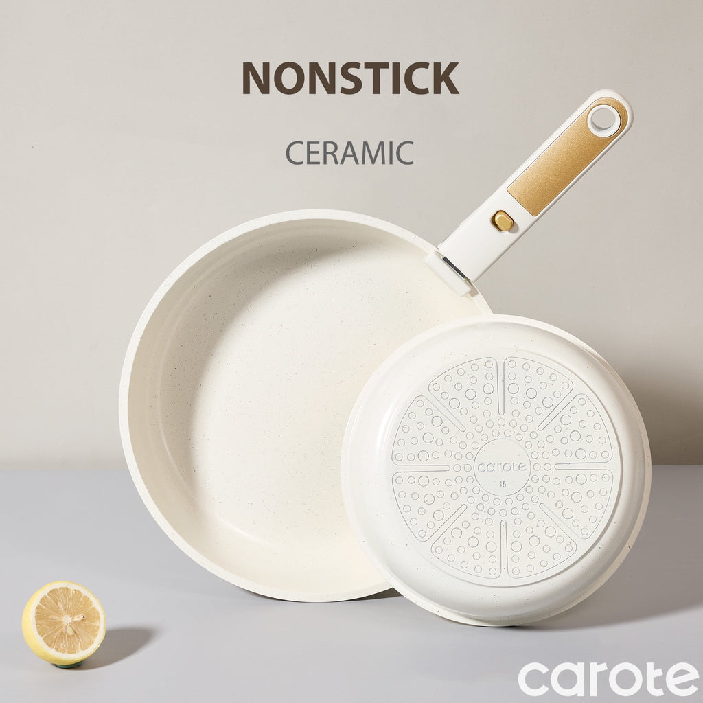 Carote Nonstick Detachable Pots and Pans Set, 6 Pieces Non Toxic Cookware Set with Induction, Oven/Dishwasher Safe, Easy for Storage, Granite White