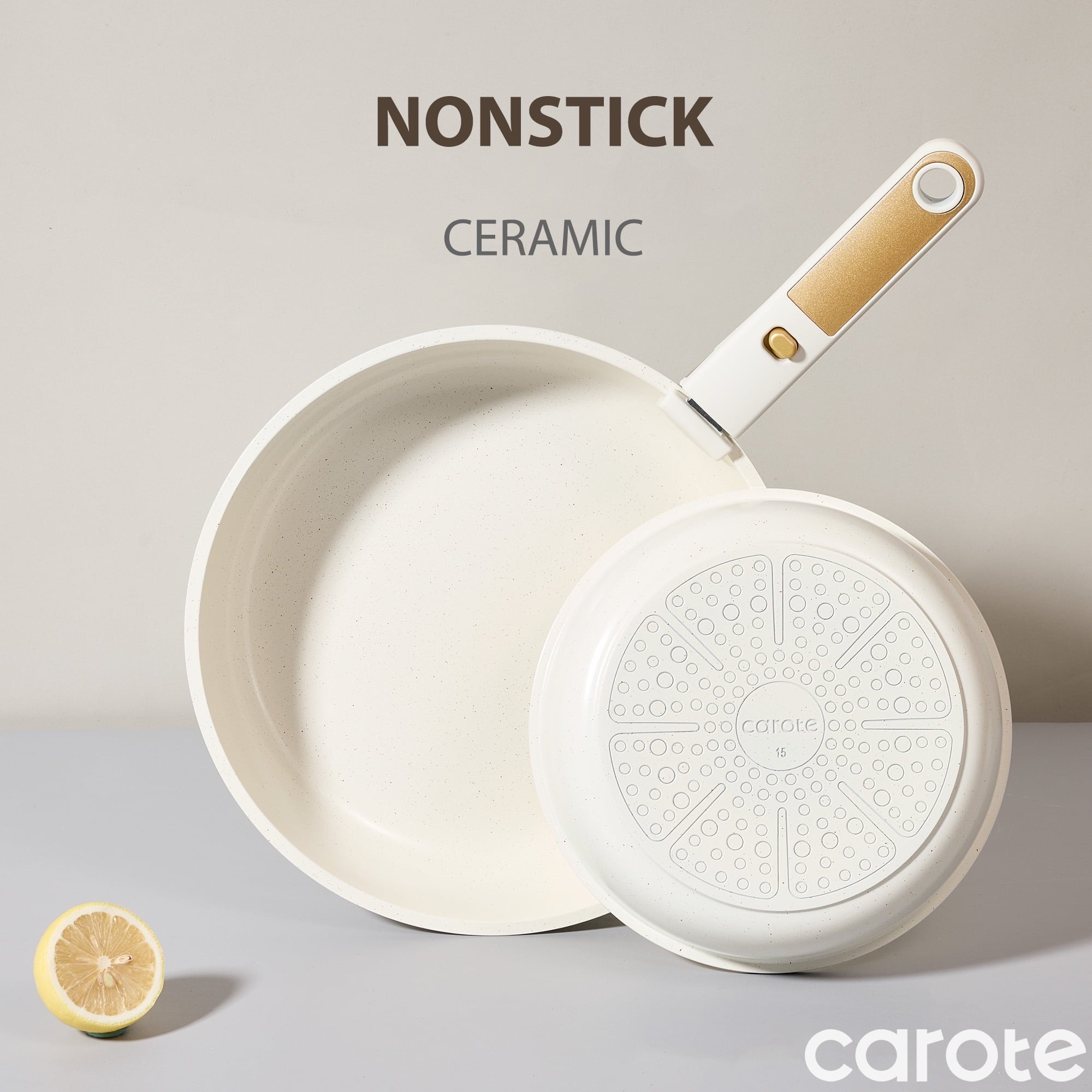 Carote Nonstick Detachable Pots and Pans Set, 6 Pieces Non Toxic Cookware Set with Induction, Oven/Dishwasher Safe, Easy for Storage, Granite White
