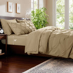 Baauye Queen Comforter Set, 7 Pieces Beige Comforters, Pintuck Bedding Sets for All Season, Bed in a Bag with Comforter, 1 Fitted Sheet, 1 Flat Sheet, 2 Pillowcases & 2 Shams