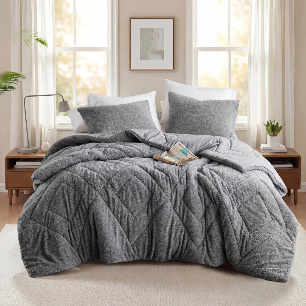 Regency Heights Twin/Twin XL Quilted Plush Comforter Set, 2-Piece Reversible Feather-Soft Dorm Bedding Sets, Textured Sherpa Comforter Bed Set for All Season, Gray