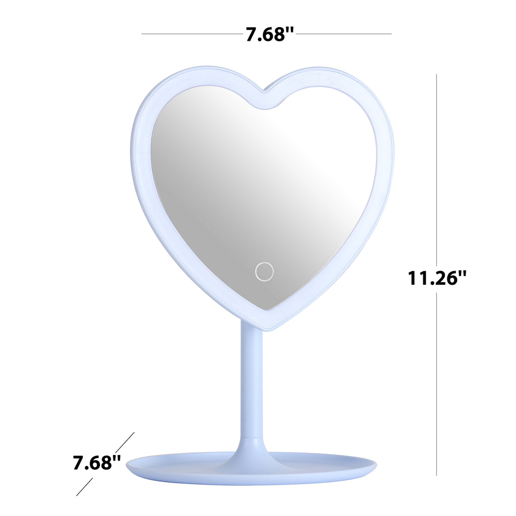 Mainstays 11.26" Tall Light Blue Plastic Frame Tabletop Heart Shaped LED Lighted Mirror with Trinket Tray
