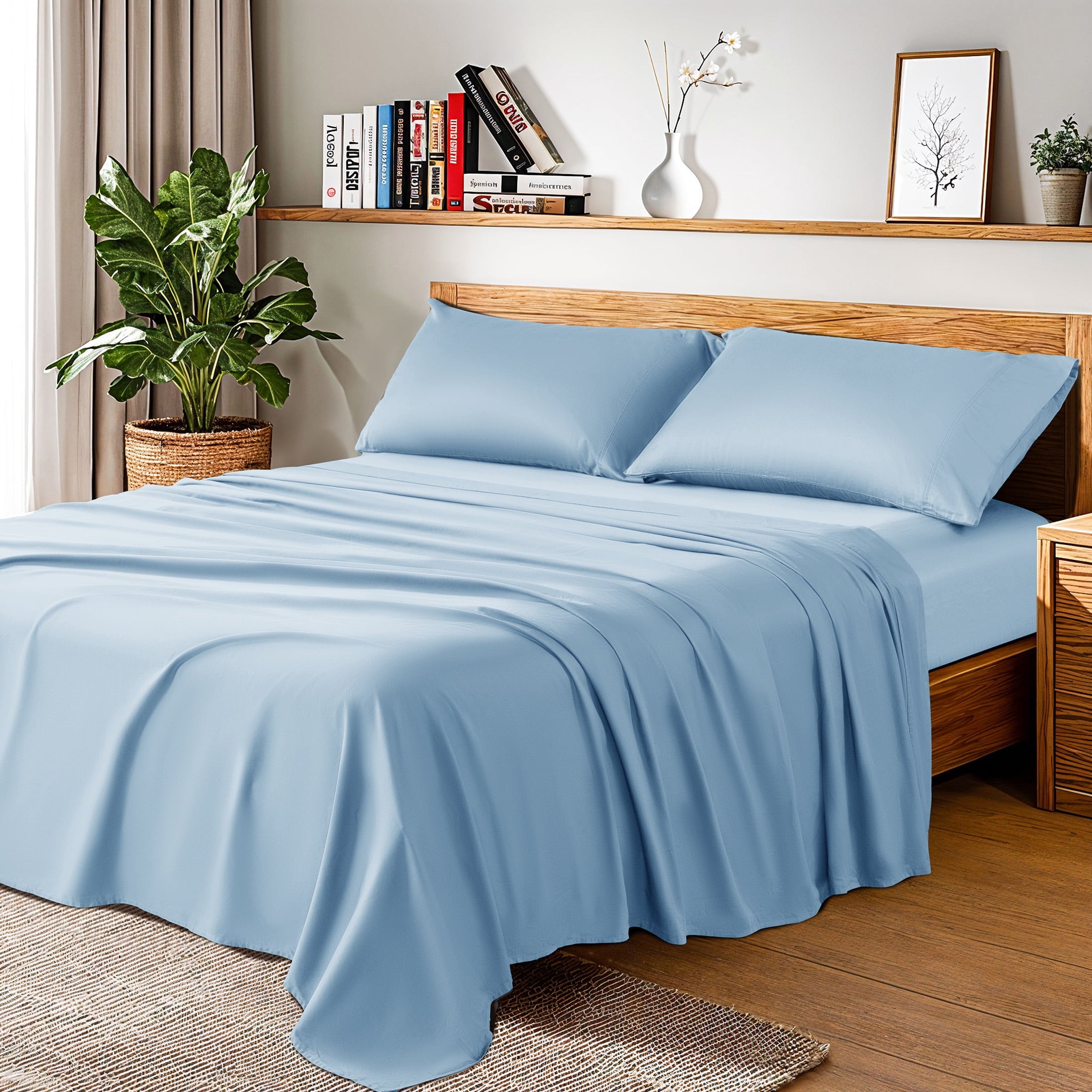 Baauye 100% Cotton Sheet Set, 1000 Thread Count Durable 4-Piece Bed Sheets with 16" Deep Pocket, King, Lake Blue