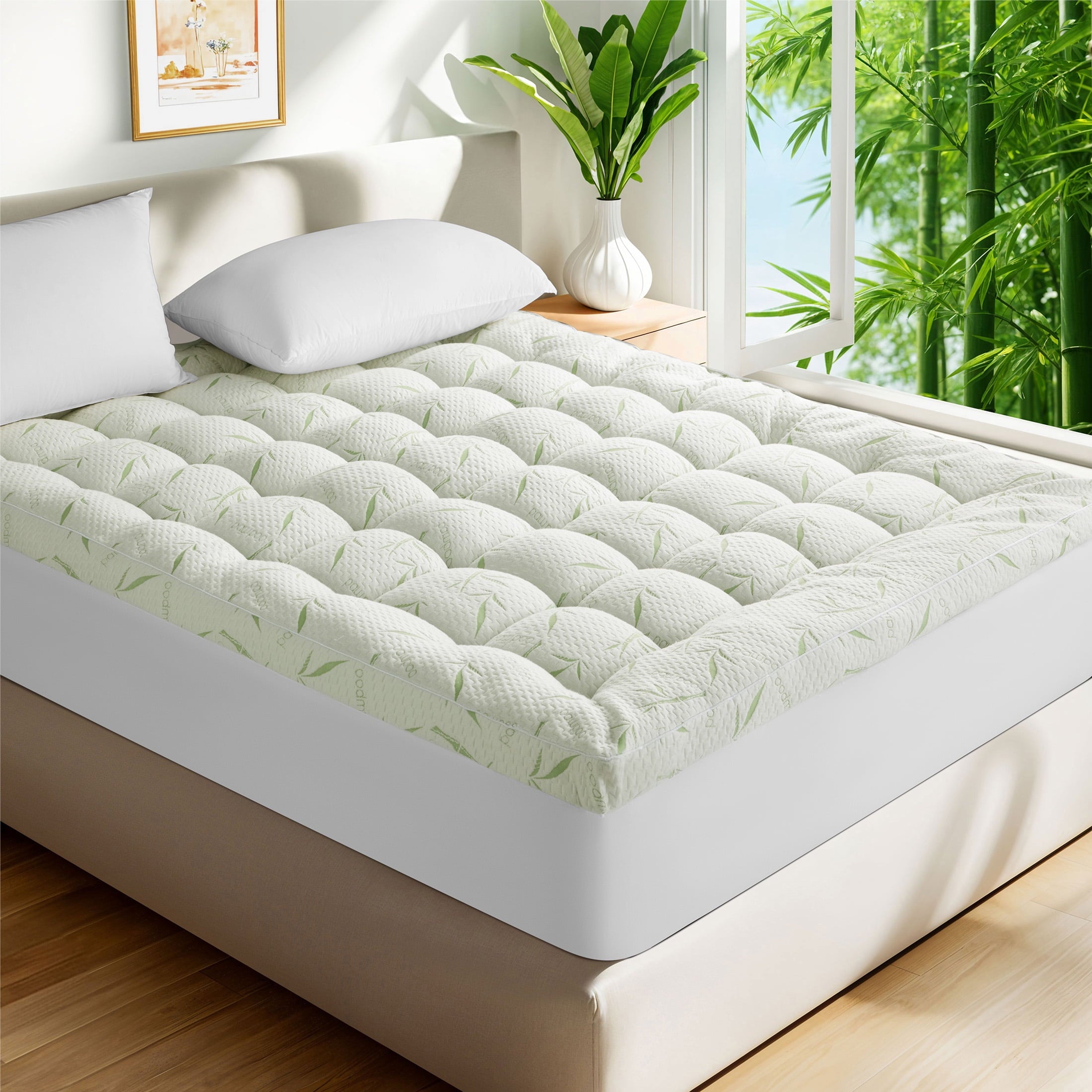 Baauye Cooling Bamboo Mattress Topper, 900GSM Quilted Mattress Pad with 8-21" Deep Pocket, King, Green