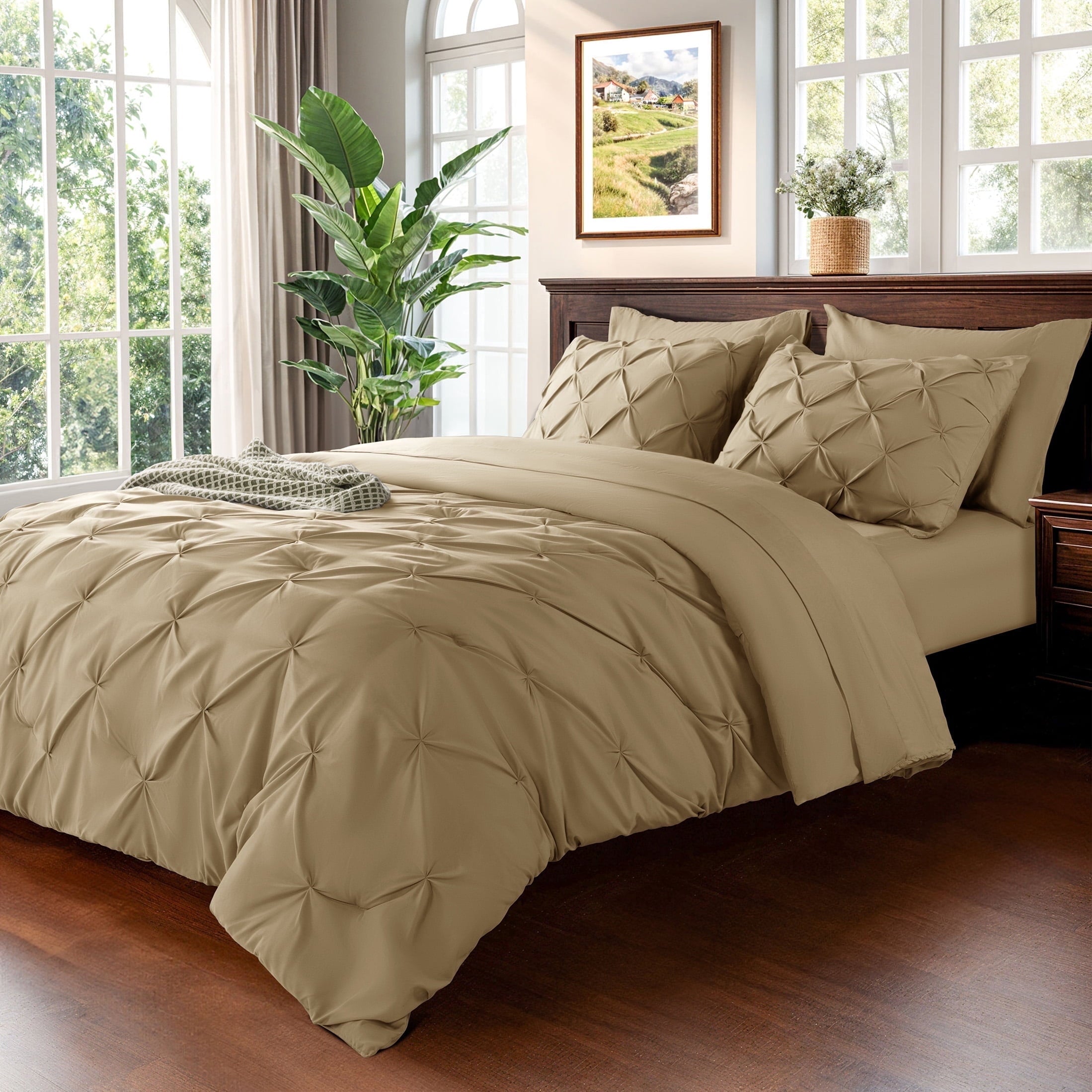 Baauye Queen Comforter Set, 7 Pieces Beige Comforters, Pintuck Bedding Sets for All Season, Bed in a Bag with Comforter, 1 Fitted Sheet, 1 Flat Sheet, 2 Pillowcases & 2 Shams