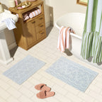 Beautiful Floral Block Scallop 2 Piece Bath Rug Set by Drew Barrymore, Hydrangea Blue, 17" x 24" & 20" x 30"