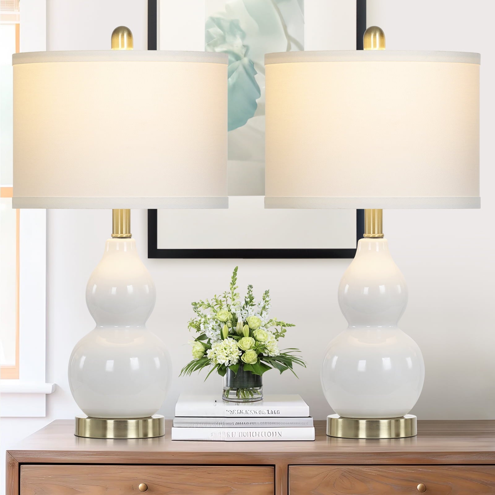 Cinkeda Double Gourd Ceramic Table Lamps Set of 2 for Bedroom Living Room 22" Modern White Gold Nightstand Bedside Lamp with Shade