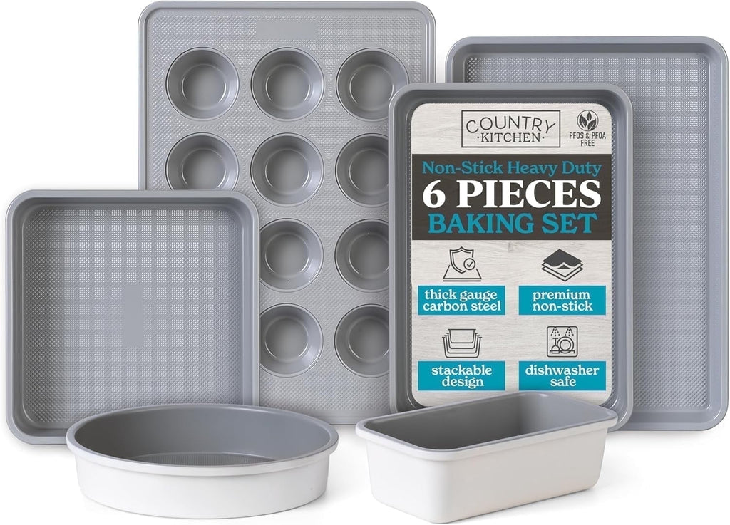 Country Kitchen Heavy Duty Baking Pans Bakeware Set with Textured Silicone Coating, Cream, 6-Piece