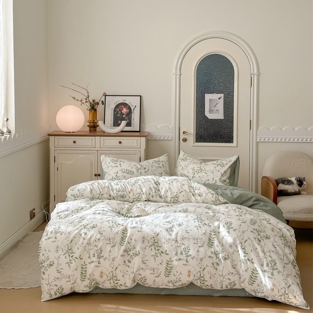 Floral Duvet Cover Queen Size 100% Cotton Reversible Green Botanical Leaf Printd on White Comforter Cover 3 Pieces Soft Breathable Spring Cottagecore Bedding Set with Zipper Closure