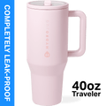 HydroJug Traveler 40 oz Water Bottle, Stainless Steel Insulated Tumbler with Flip Straw and Handle - Pink Sand