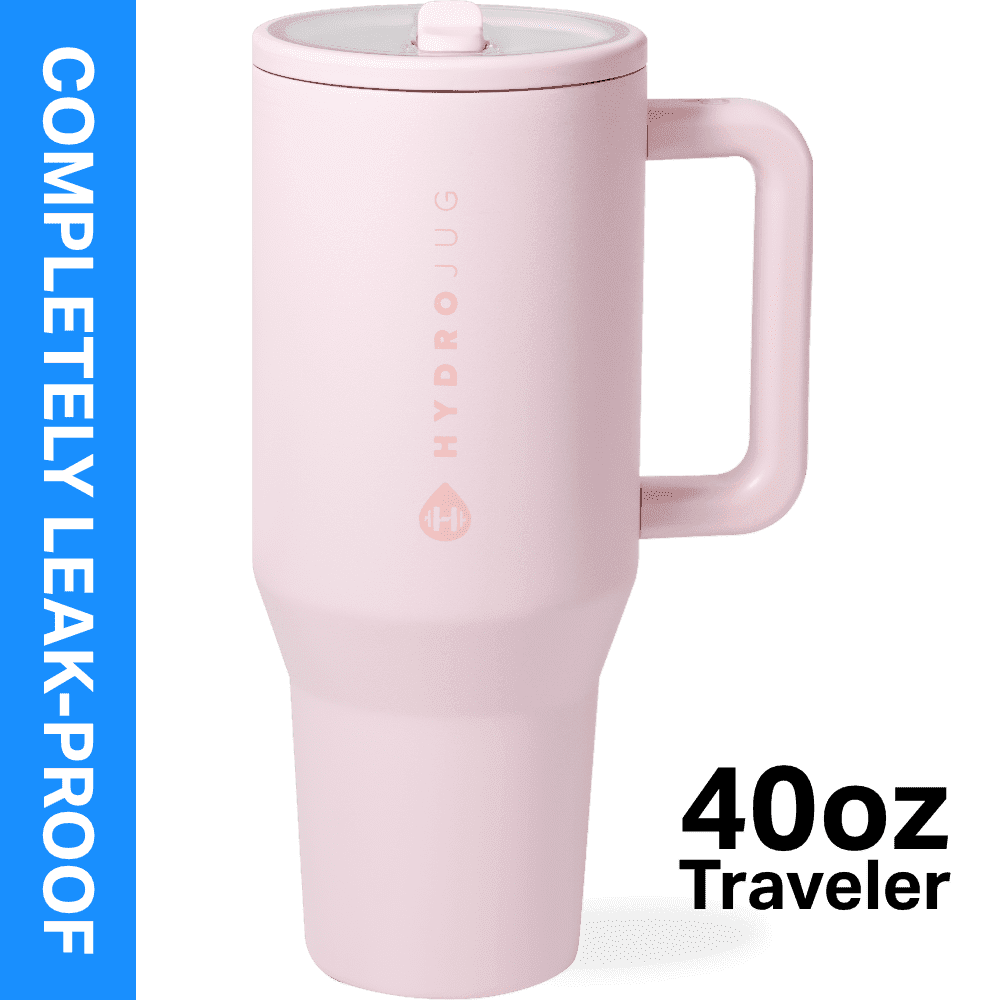 HydroJug Traveler 40 oz Water Bottle, Stainless Steel Insulated Tumbler with Flip Straw and Handle - Pink Sand