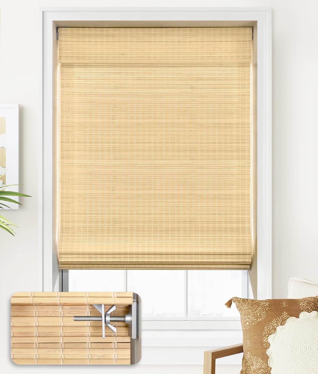 LazBlinds No Tools No Drill Cordless Bamboo Roman Shades, Privacy Room Darkening Window Treatment, Roll Up Bamboo Blinds for Window 34'' W x 64'' H, DP-Natural