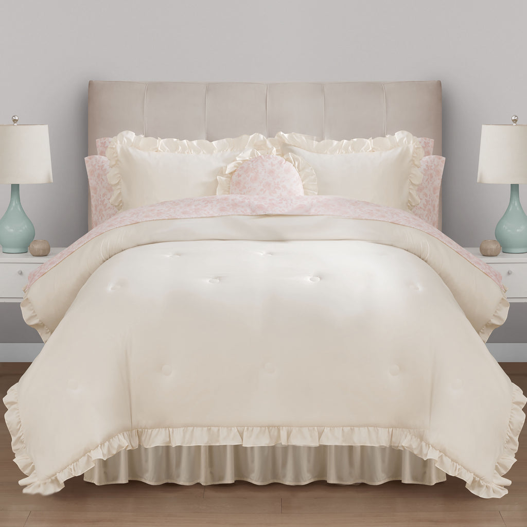 Mainstays All in One Reversible Comforter and Sheet set- 11 Piece, Queen, Cream Ruffle