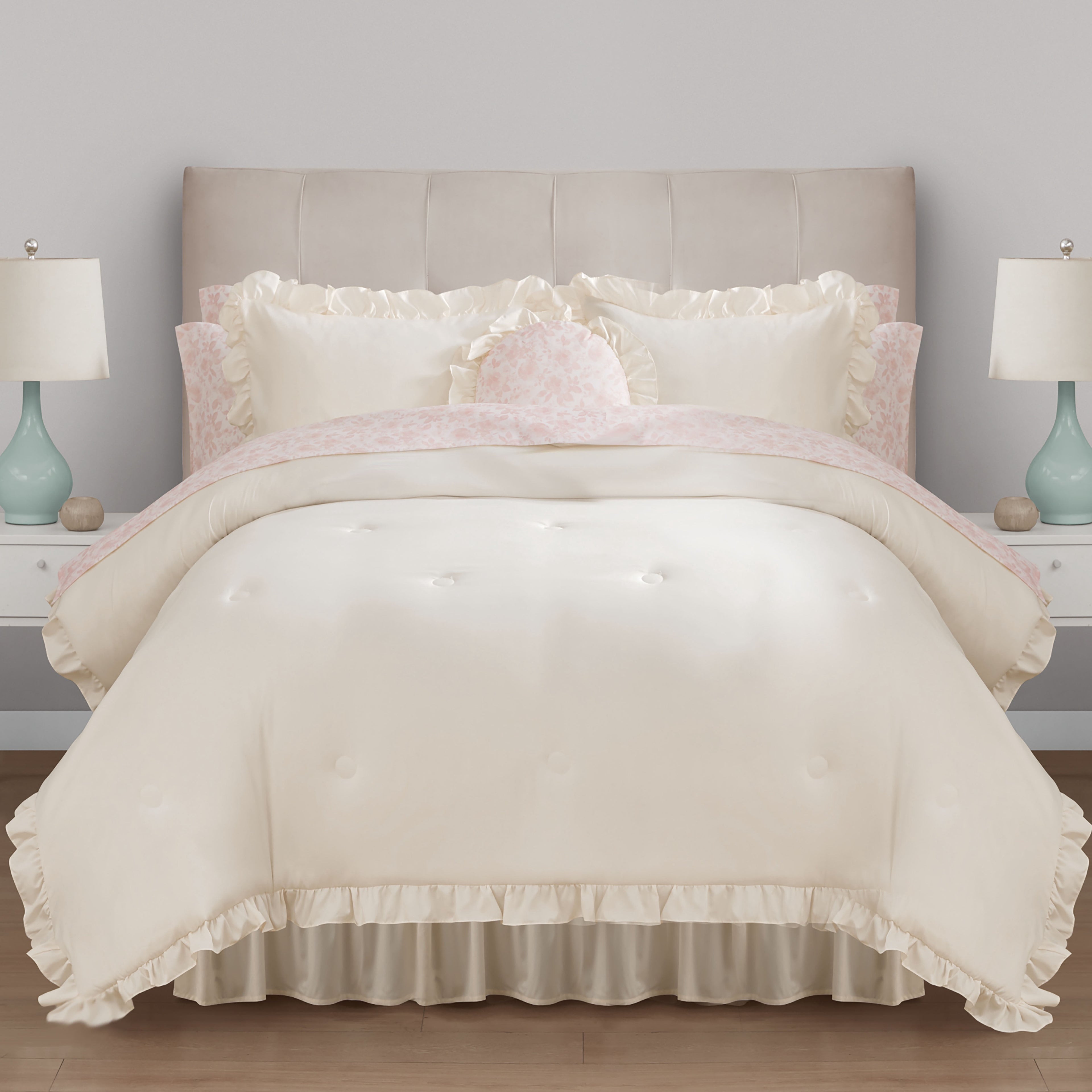 Mainstays All in One Reversible Comforter and Sheet set- 11 Piece, Queen, Cream Ruffle