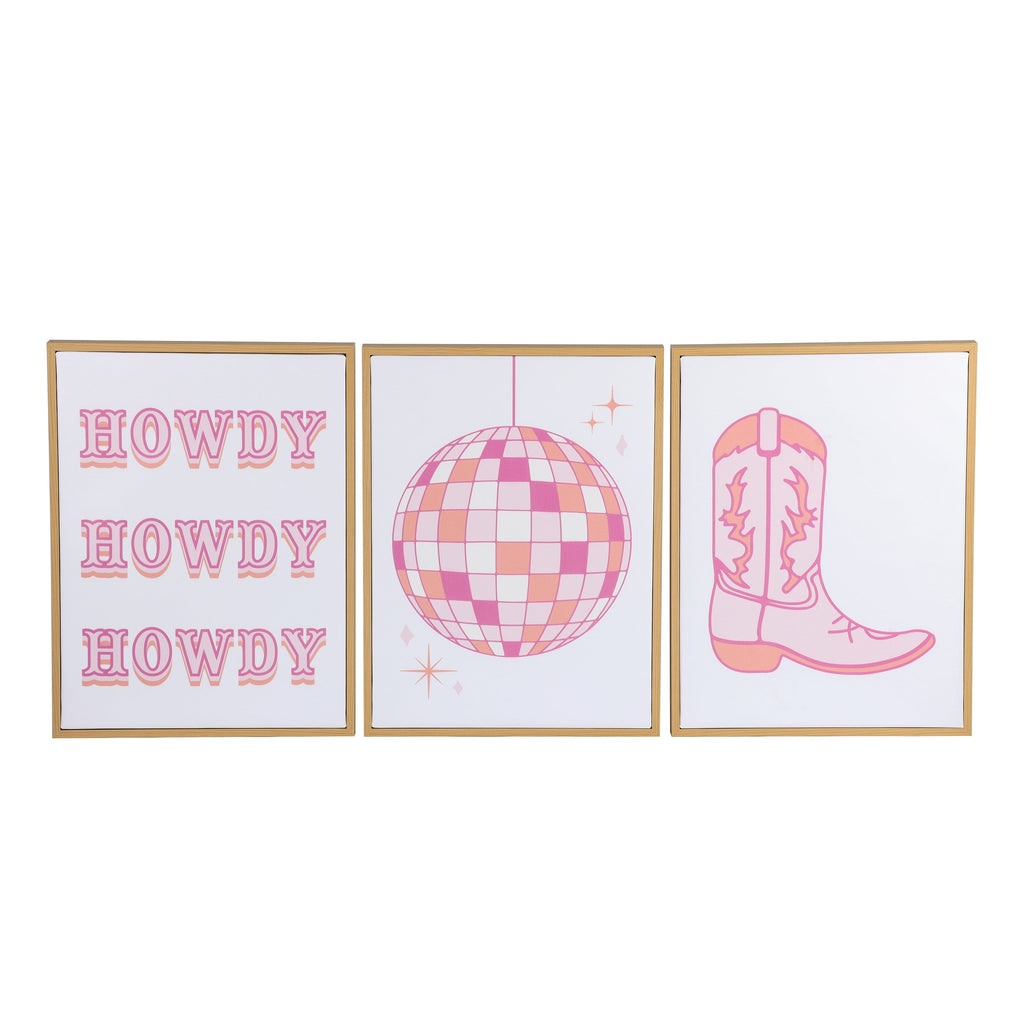 Mainstays 3 Pc Set Pink Western Theme Wall Art, Howdy, Boot, and Disco Globe