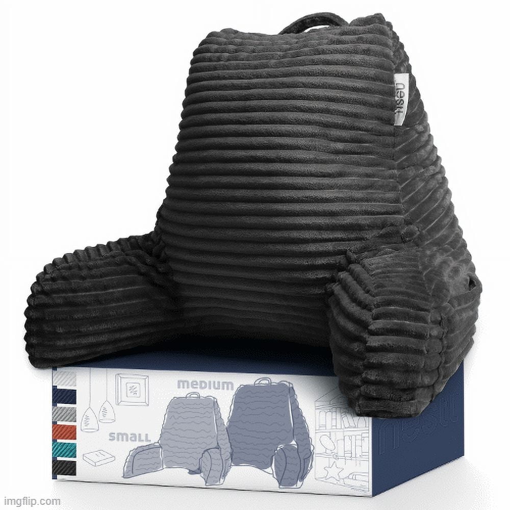 Nestl Backrest Reading Pillow, Back Support Pillow with Arms, Shredded Memory Foam Bed Rest Pillow, Dark Gray