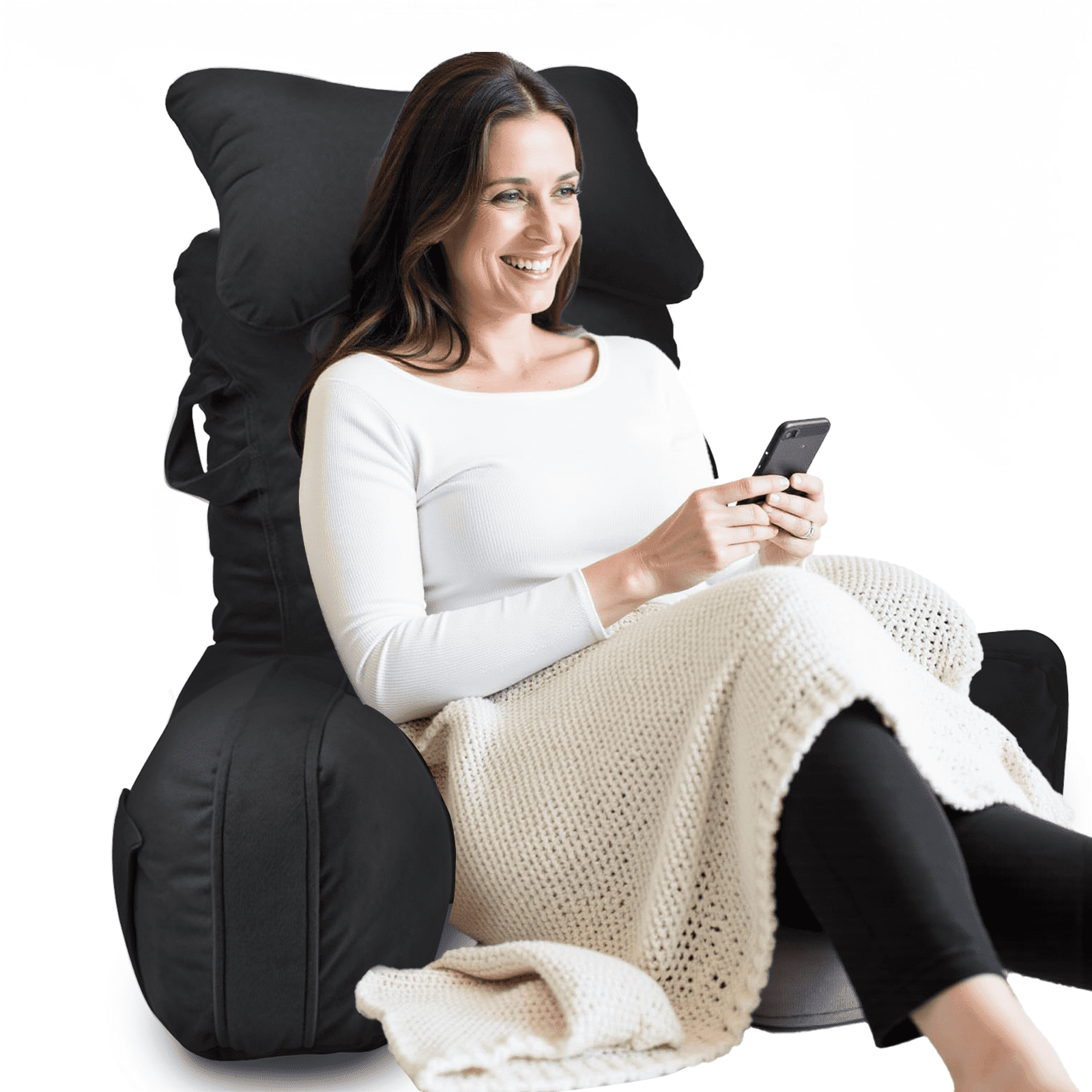 PHOGARY 31inch Reading Pillow for Bed Backrest with Arms - Black - Adult, Ultra-Comfy Microplush Cover & Detachable Neck Roll - Unmatched Support Bed Rest Sit Up Pillow