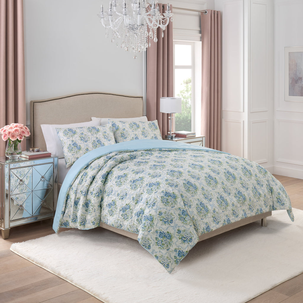 Paris Hilton 3-Piece Coquette Floral Blue Comforter Set, Full/Queen