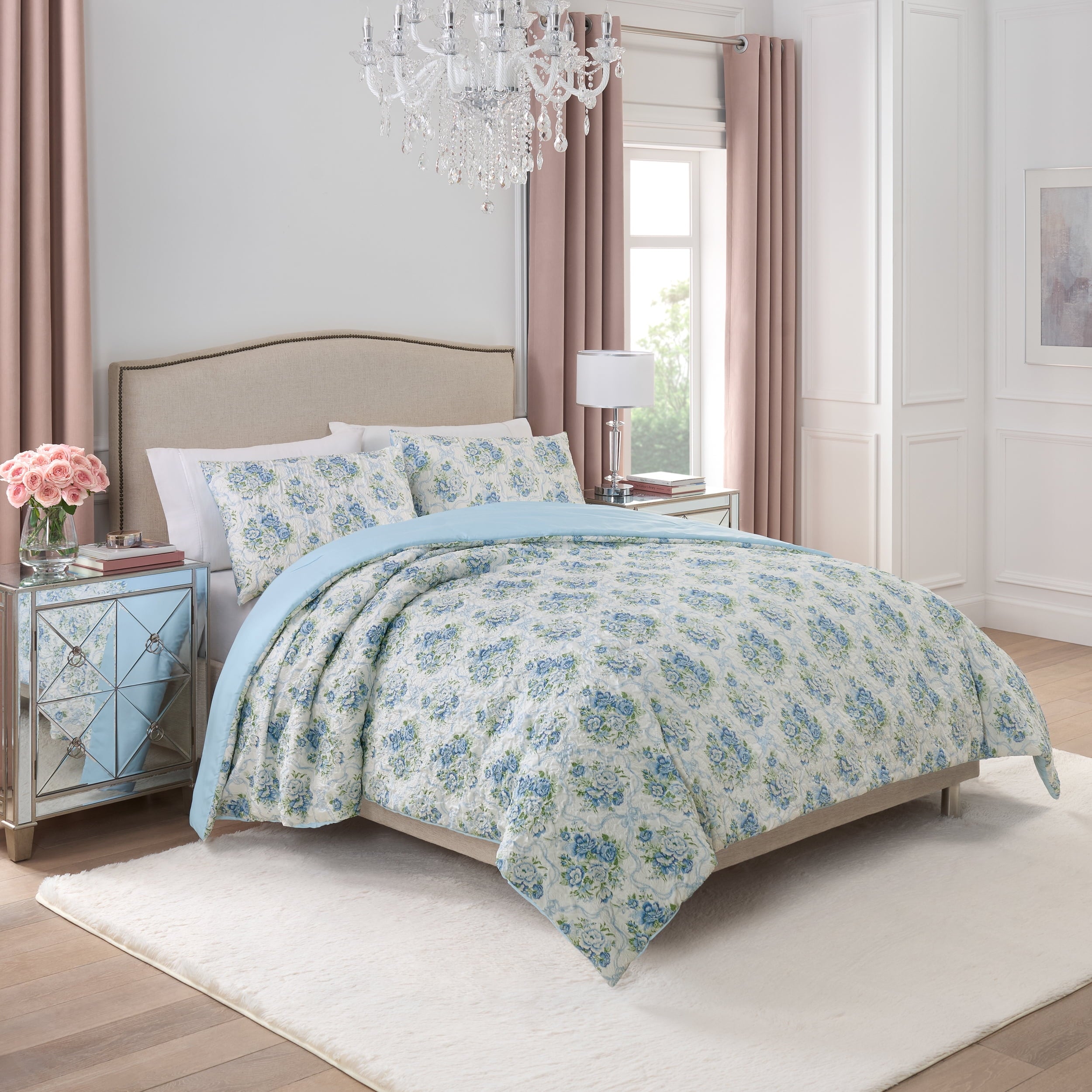 Paris Hilton 3-Piece Coquette Floral Blue Comforter Set, Full/Queen