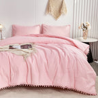 RYNGHIPY Pink Full Size Comforter Set Pom Fringe 3 Pcs Boho Chic Cute Ball Pom Blush Bedding Set Cali Soft Lightweight Solid Bed Set (1 Pom Comforter, 2 Pillowcases)