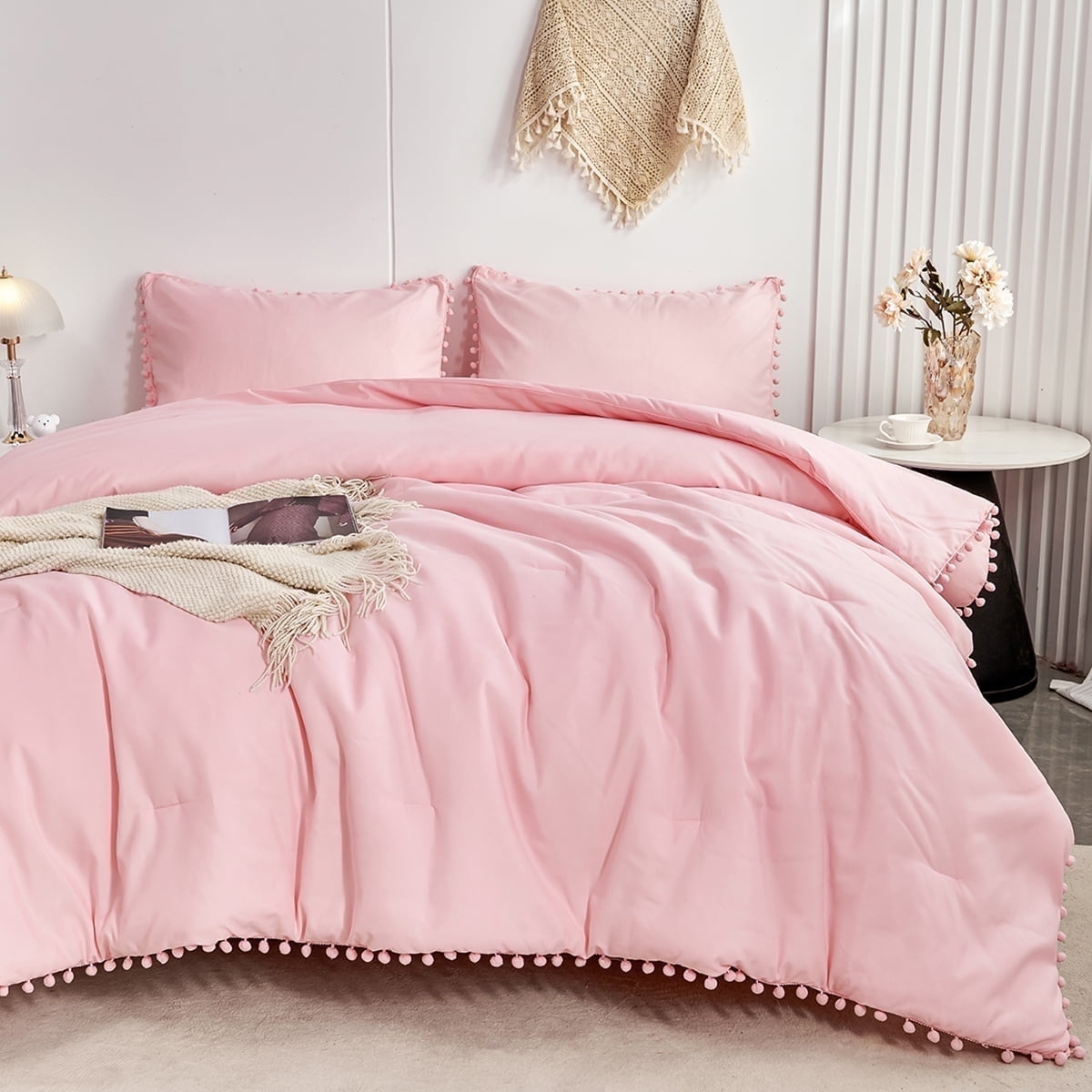 RYNGHIPY Pink Full Size Comforter Set Pom Fringe 3 Pcs Boho Chic Cute Ball Pom Blush Bedding Set Cali Soft Lightweight Solid Bed Set (1 Pom Comforter, 2 Pillowcases)