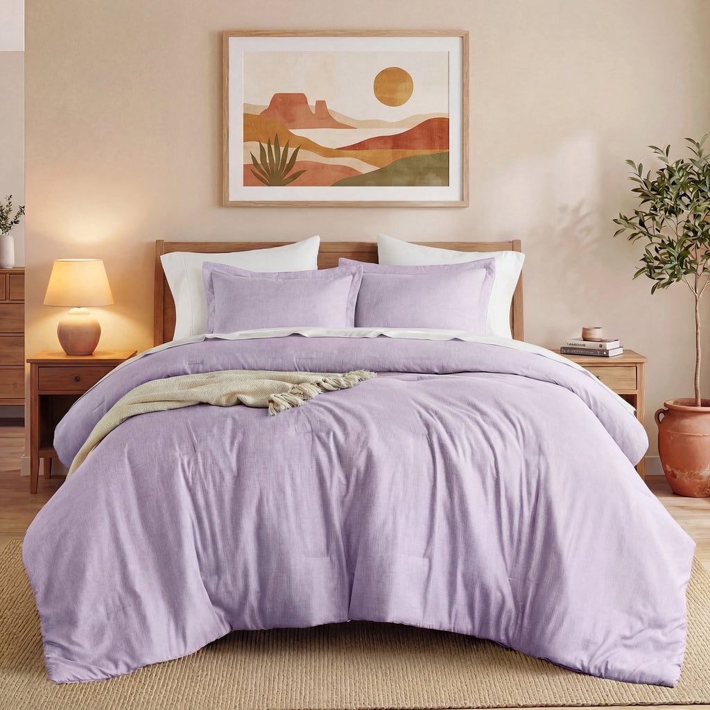 Regency Heights King/Cal King Comforter Sets, Reversible 3 Piece Extra Soft Bedding Set, Chambray Print Purple Comforter Bed Set with Pillow Shams