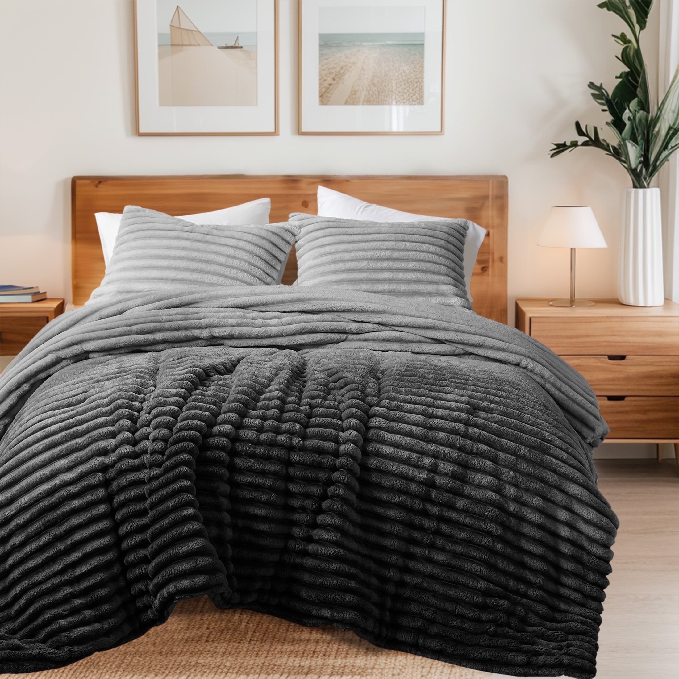 Regency Heights King/Cal King Fluffy Ribbed Plush Comforter Set 3-Piece Bedding Set Grey Ombre