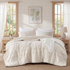 Regency Heights Queen Comforter Set, Boho 3-Piece Pintuck Stitching Bedding Set, Soft Washed Pleated Bed Sets with Pillow Sham Neutral