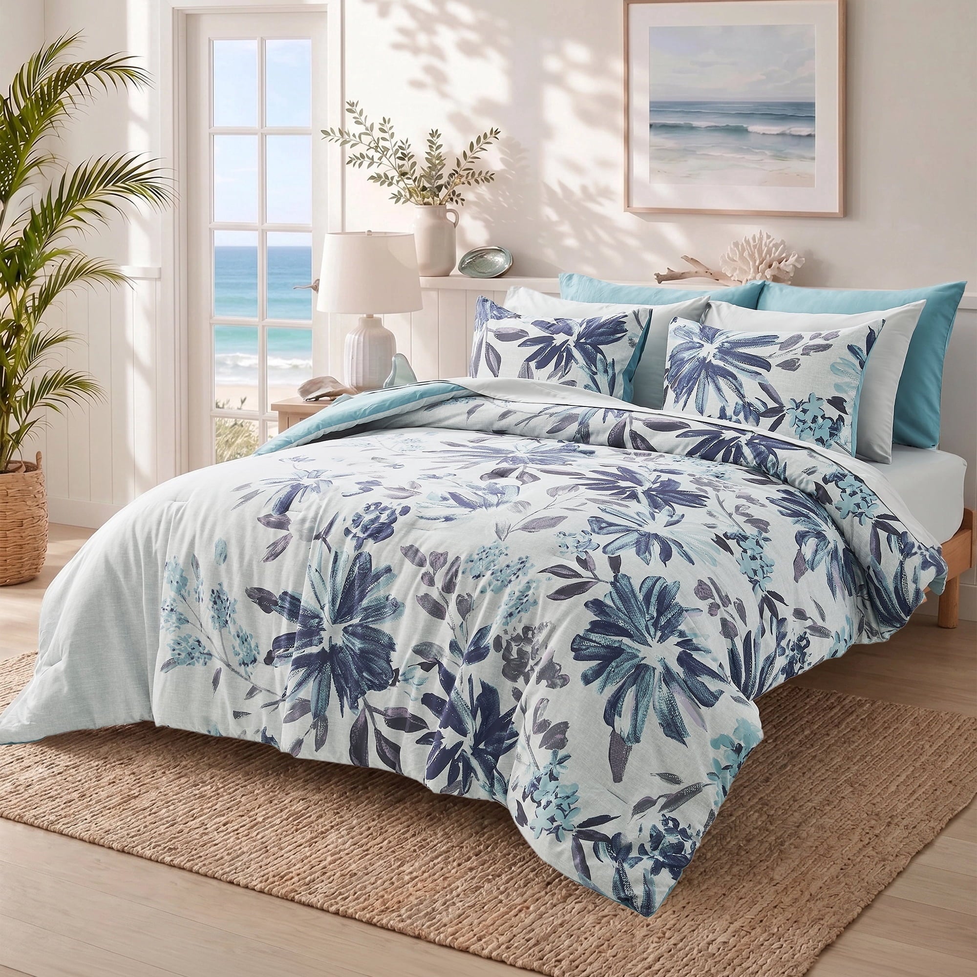Regency Heights Queen Size Comforter Set with Sheets, 9-Piece Floral Textured Print Bed in a Bag Queen, Blue Bedding Comforter Set with Bed Sheets and Side Pocket