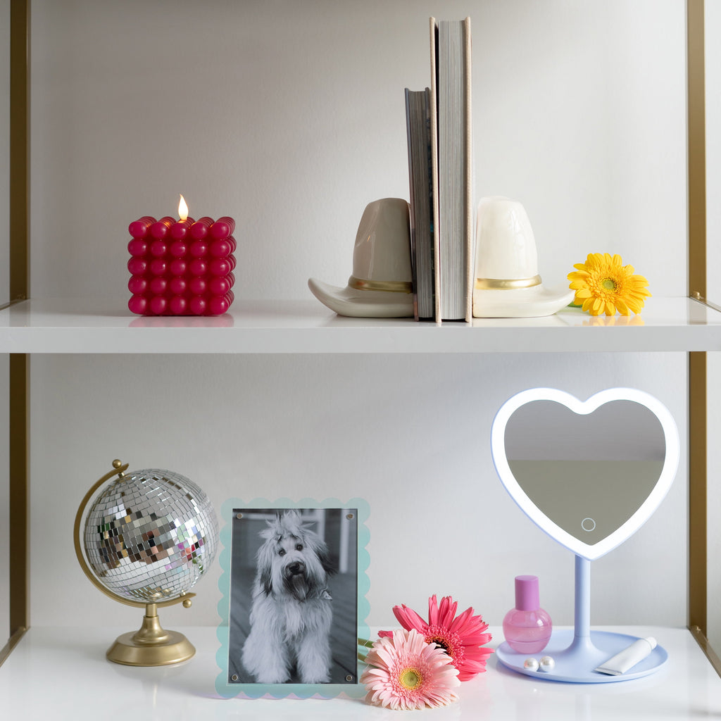 Mainstays 11.26" Tall Light Blue Plastic Frame Tabletop Heart Shaped LED Lighted Mirror with Trinket Tray