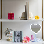 Mainstays 11.26" Tall Light Blue Plastic Frame Tabletop Heart Shaped LED Lighted Mirror with Trinket Tray