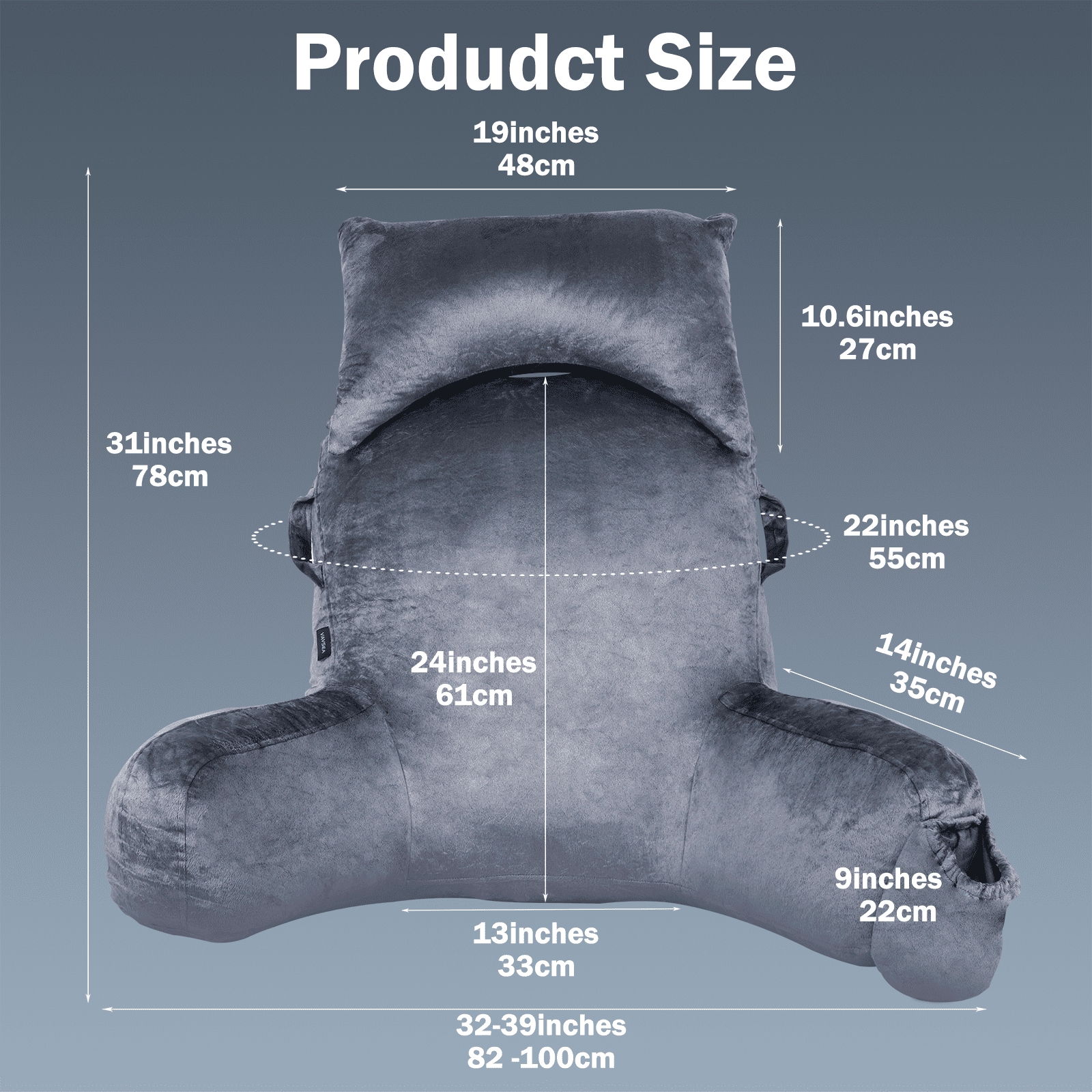 VAVSEA Reading Pillow, Extra Large 31" Backrest Pillow with Arms, Back Pillow with Detachable Neck Roll, 4 Pockets for Watching TV, Bed Rest, Reading, Gaming