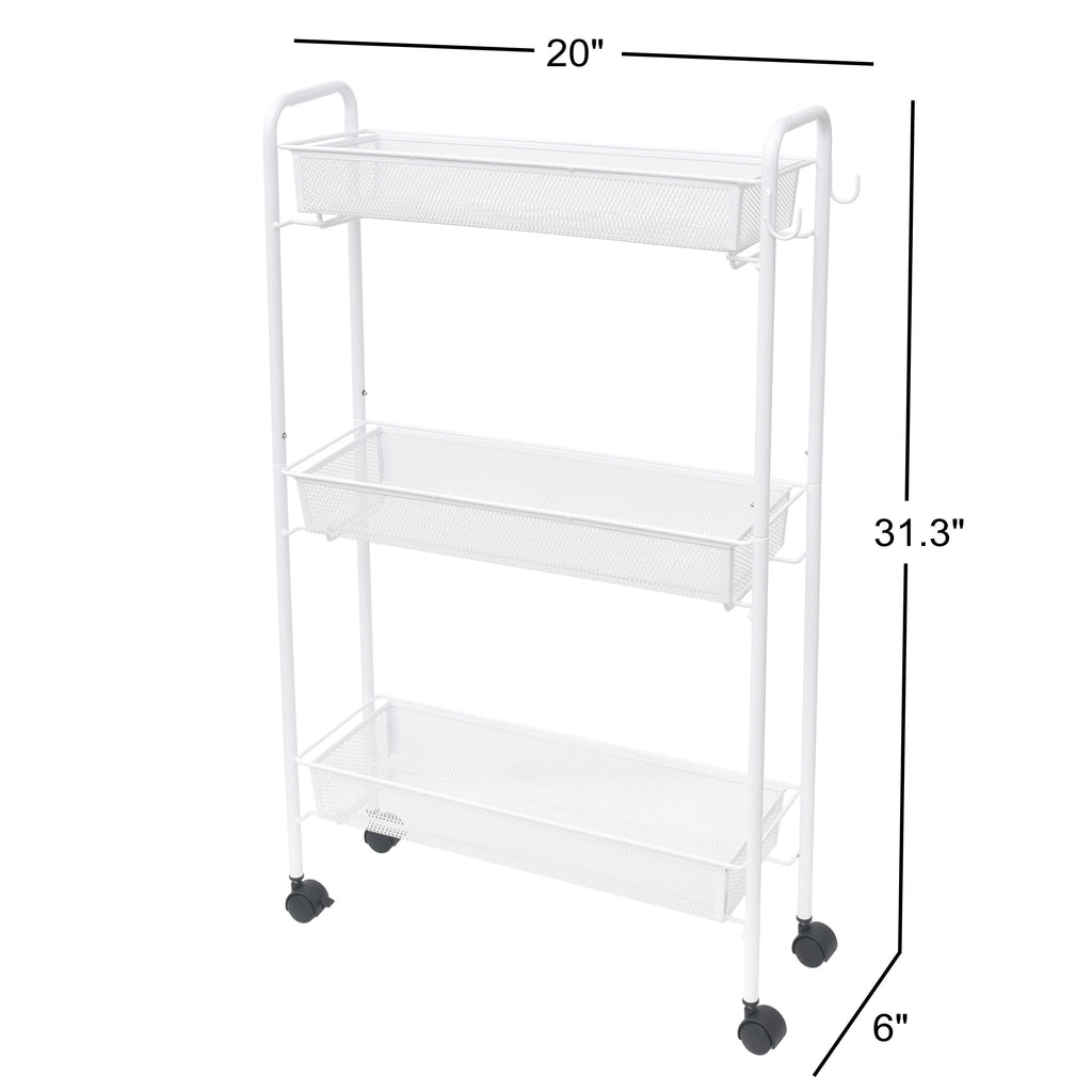 Mainstays Slim 3-Tier Rolling Bathroom Storage Cart with Hooks in White Finish