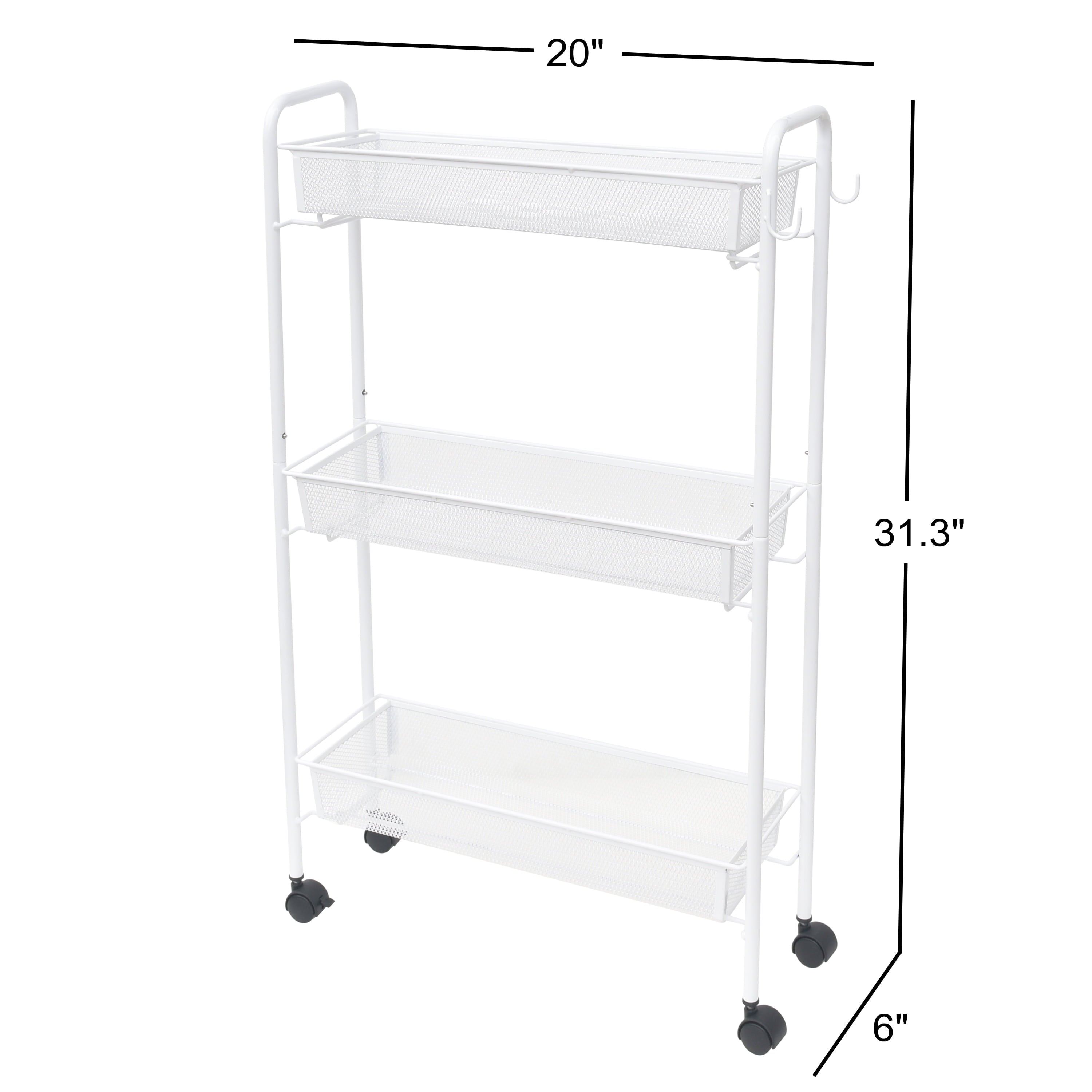 Mainstays Slim 3-Tier Rolling Bathroom Storage Cart with Hooks in White Finish