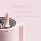 HydroJug Traveler 40 oz Water Bottle, Stainless Steel Insulated Tumbler with Flip Straw and Handle - Pink Sand