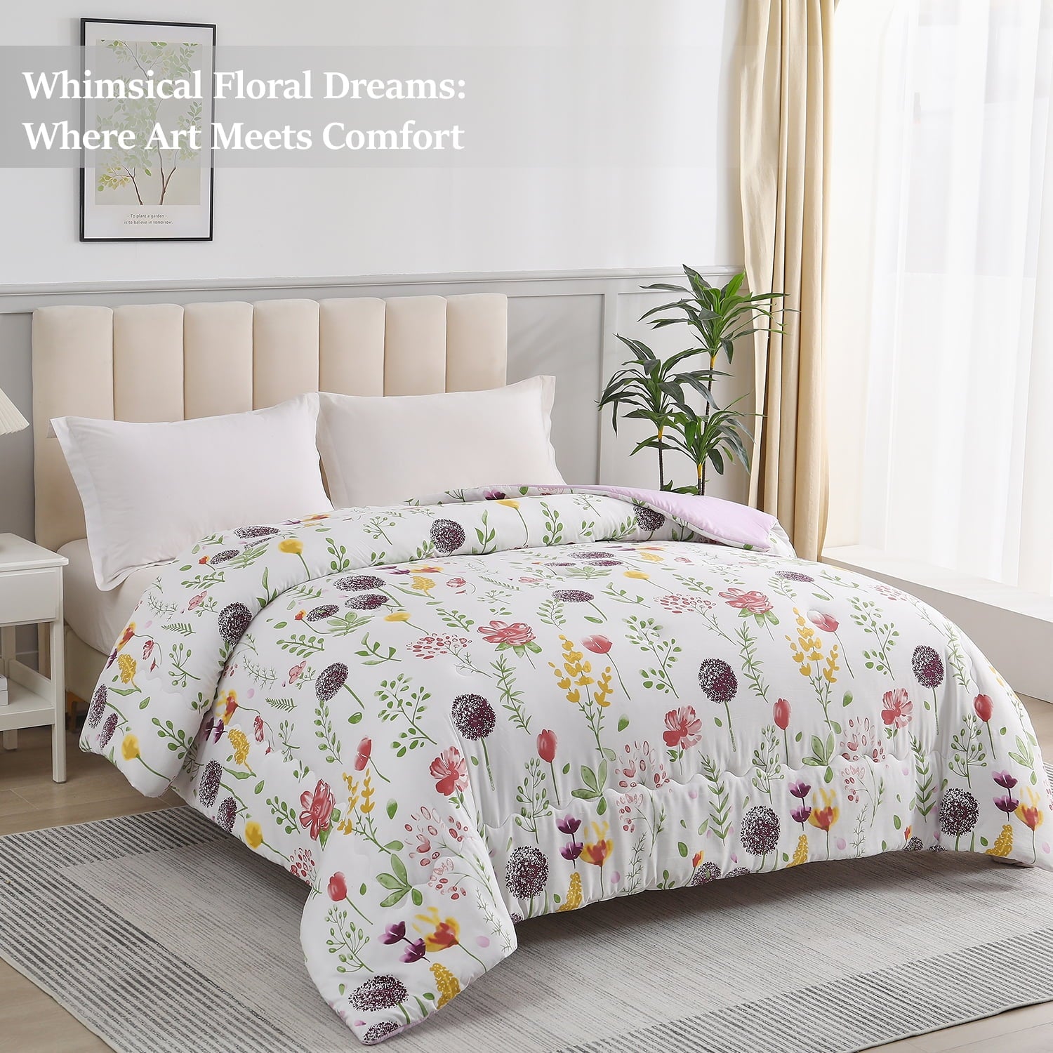 Jessy Home 1 Piece Queen Comforter Floral Comforter Purple Dandelion Summer Quilts Soft Cooling Comforter 1 Comforter