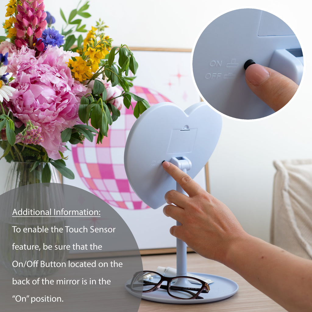 Mainstays 11.26" Tall Light Blue Plastic Frame Tabletop Heart Shaped LED Lighted Mirror with Trinket Tray