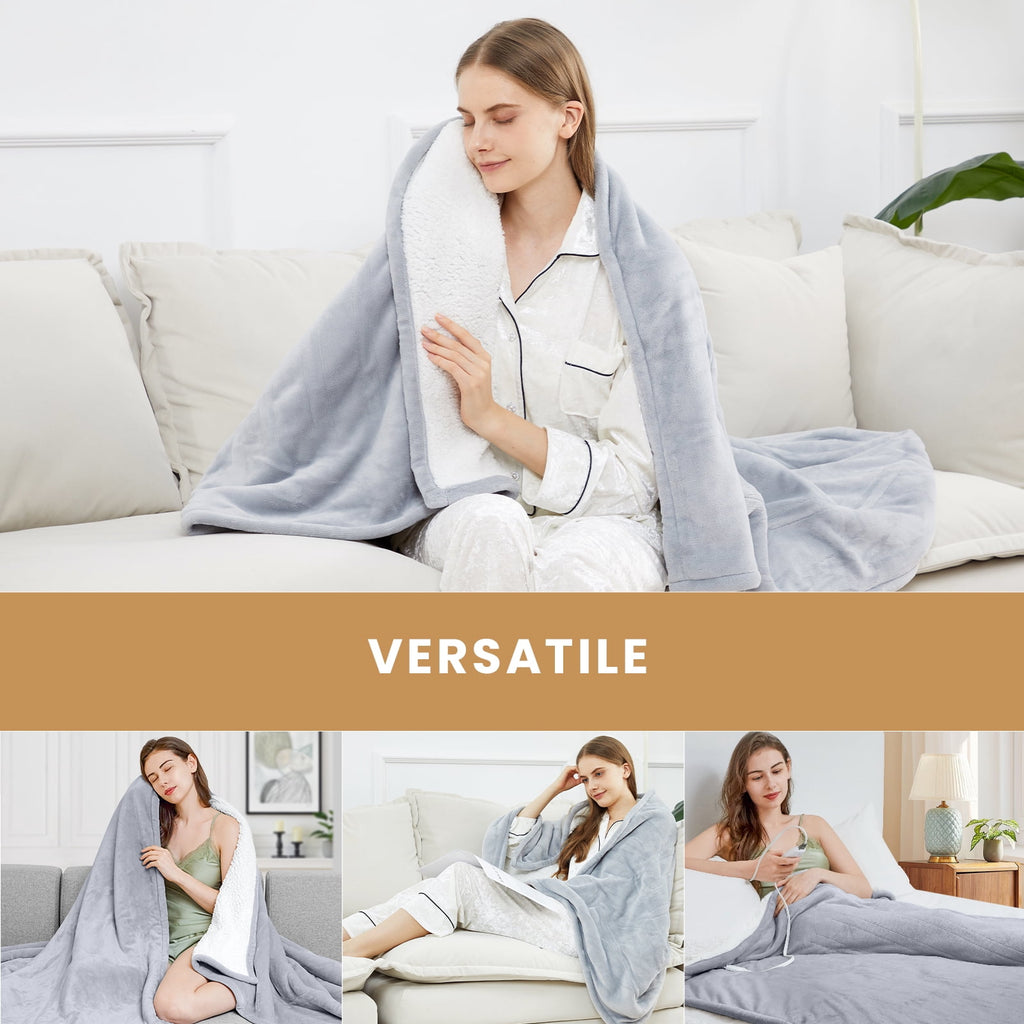 WISHEAD Electric Heated Blanket Throw Soft Flannel & Sherpa, 5 Heat Levels, 3 Hours Auto-Off Over-Heat Protection ETL Certification (50"x60", Light Gray)