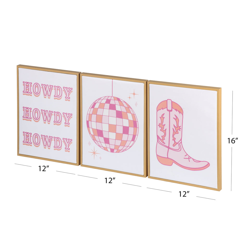 Mainstays 3 Pc Set Pink Western Theme Wall Art, Howdy, Boot, and Disco Globe