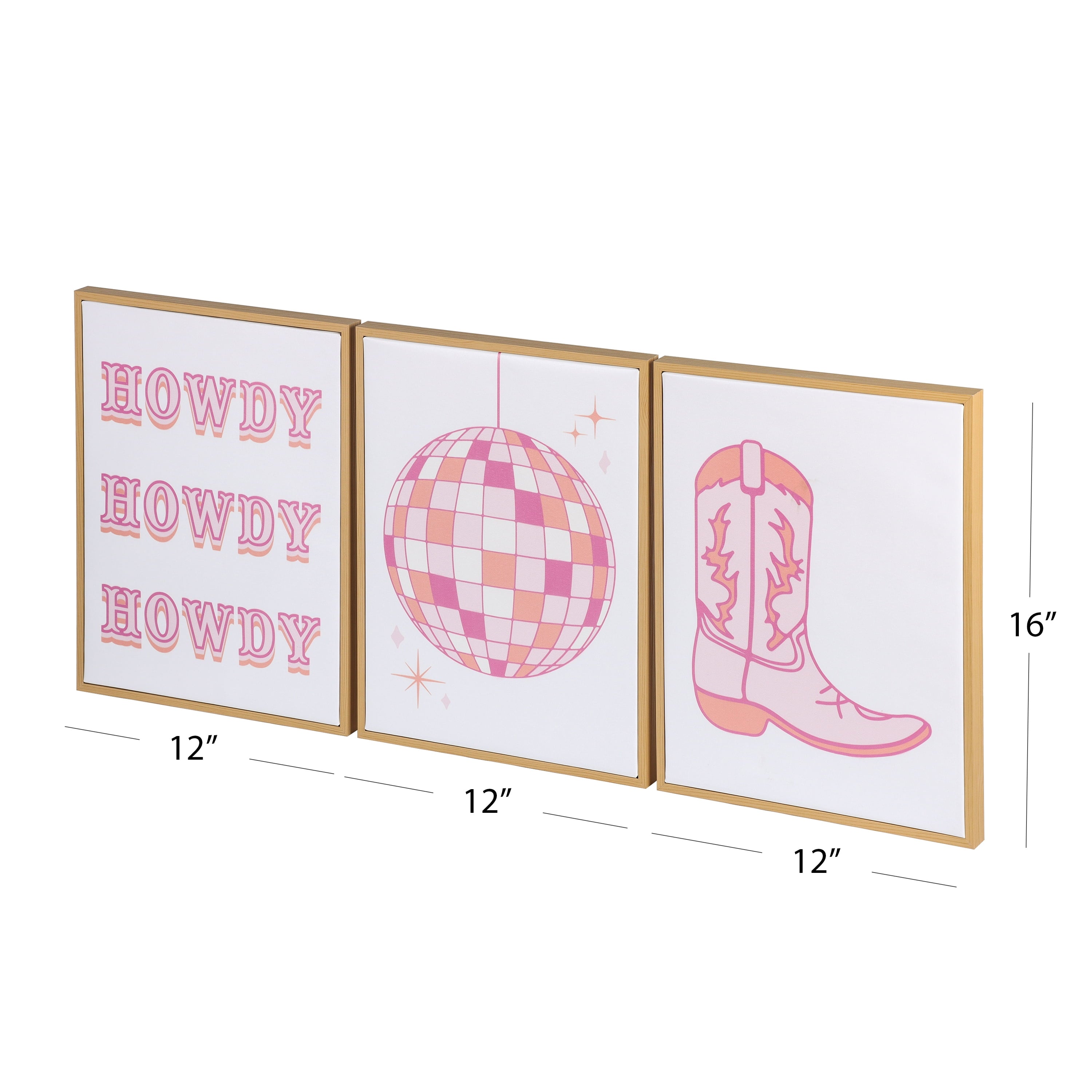 Mainstays 3 Pc Set Pink Western Theme Wall Art, Howdy, Boot, and Disco Globe