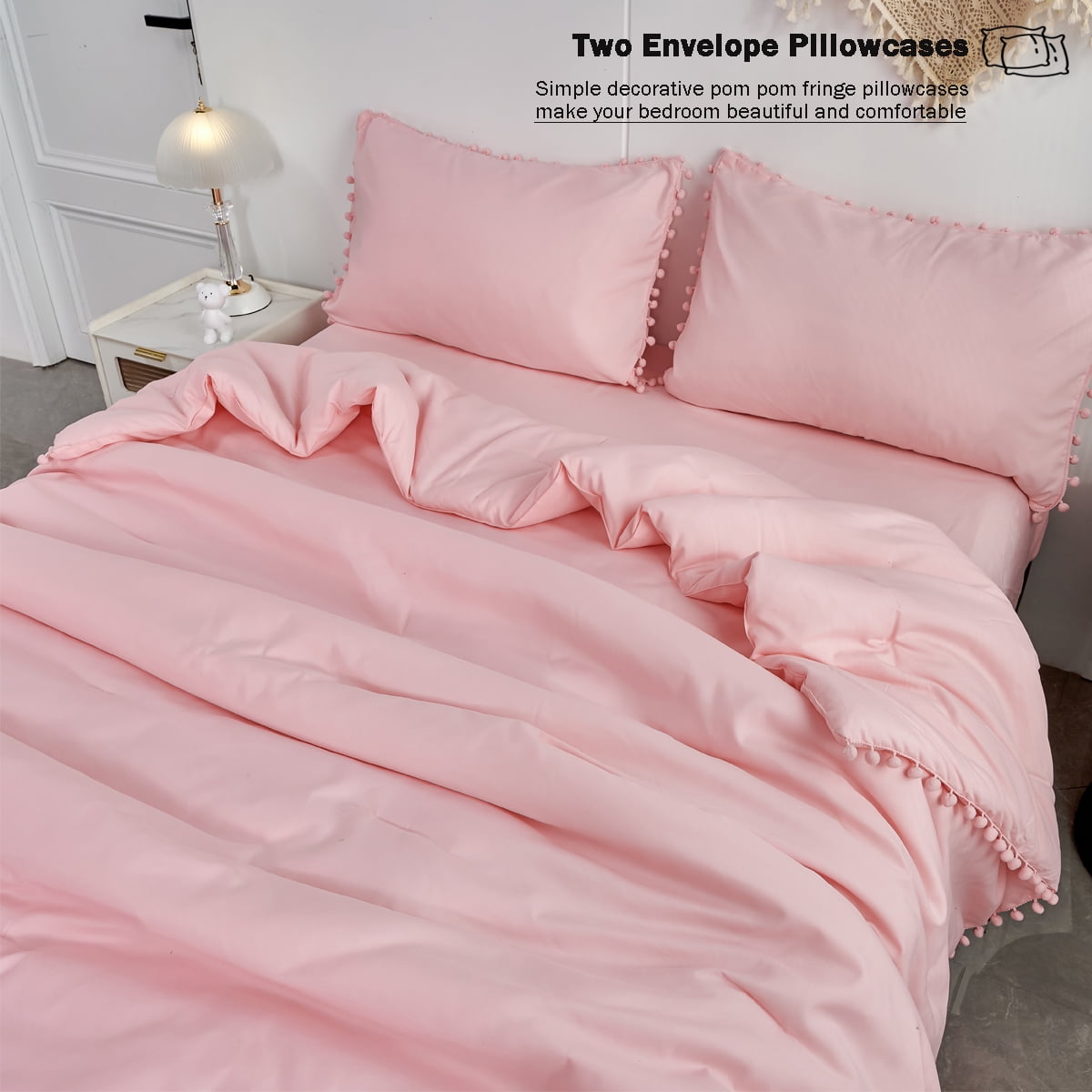RYNGHIPY Pink Full Size Comforter Set Pom Fringe 3 Pcs Boho Chic Cute Ball Pom Blush Bedding Set Cali Soft Lightweight Solid Bed Set (1 Pom Comforter, 2 Pillowcases)