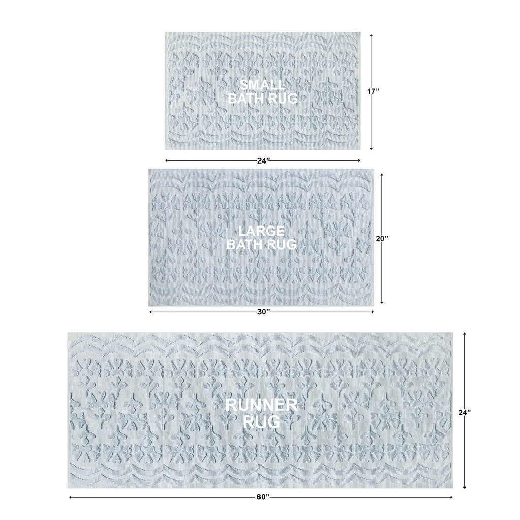 Beautiful Floral Block Scallop 2 Piece Bath Rug Set by Drew Barrymore, Hydrangea Blue, 17" x 24" & 20" x 30"