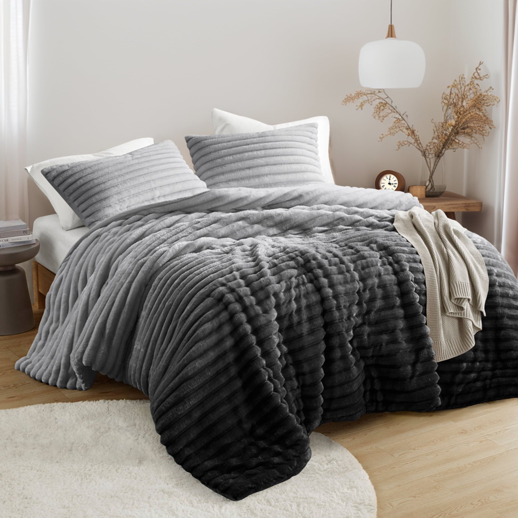 Regency Heights King/Cal King Fluffy Ribbed Plush Comforter Set 3-Piece Bedding Set Grey Ombre