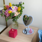 Mainstays 11.26" Tall Light Blue Plastic Frame Tabletop Heart Shaped LED Lighted Mirror with Trinket Tray